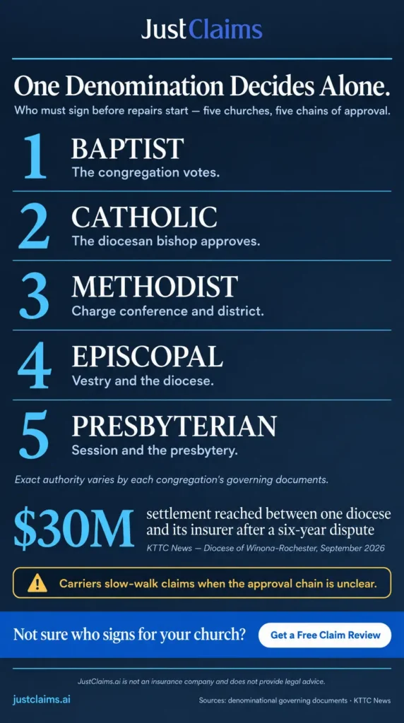 Denominational church insurance claims infographic: five denominations' approval chains and a $30M diocese settlement