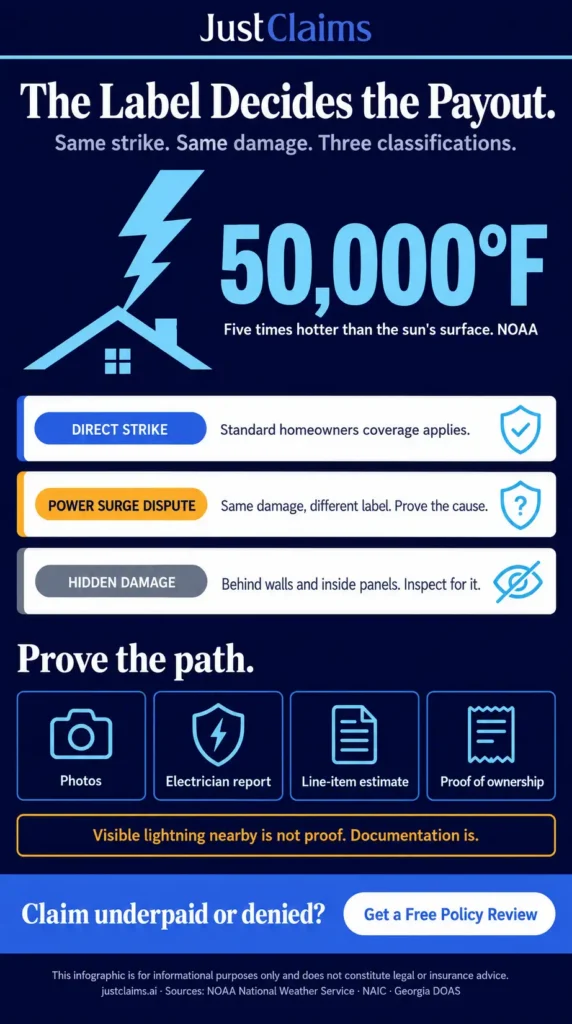 Lightning damage insurance claim infographic: three cause-of-loss labels and the four proofs that decide the payout.