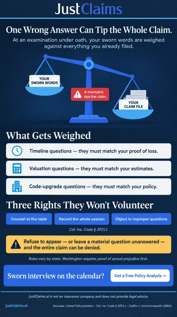 Examination under oath infographic showing what insurers weigh, your rights, and trap questions