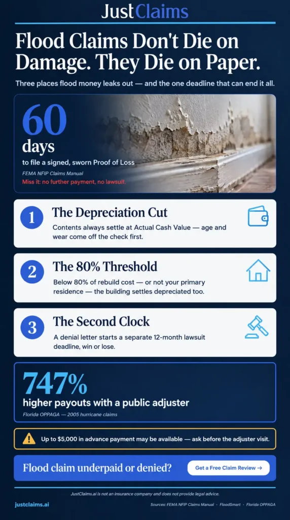 Flood damage insurance claim infographic: 60-day proof of loss deadline, actual cash value vs replacement cost