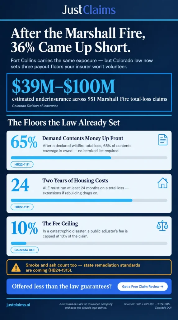 Fort Collins wildfire insurance claims infographic: Colorado contents payout, ALE, and fee cap rules