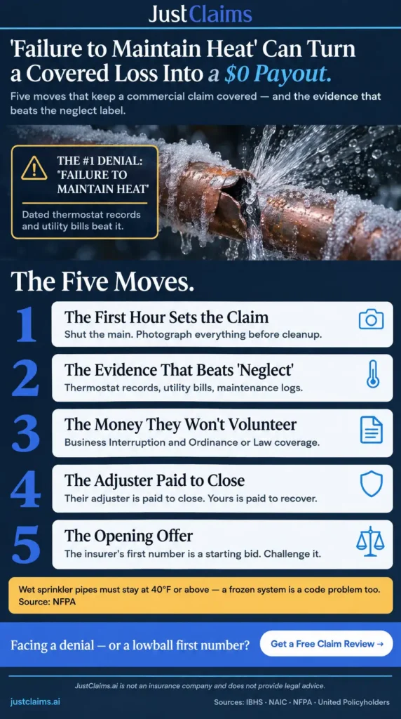 Infographic: five tips to get a frozen pipes insurance claim paid and beat the maintain-heat denial trap