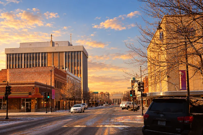 Central Avenue and Civic Center in Great Falls Montana at golden hour