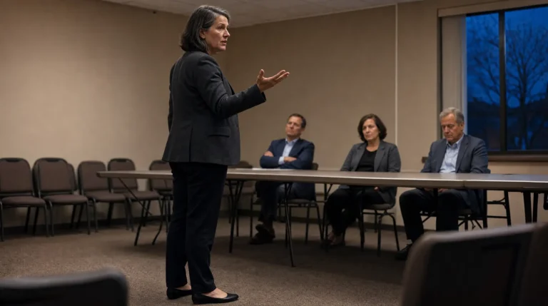Condo owner confronting her HOA board over a denied HOA insurance claim in a meeting room