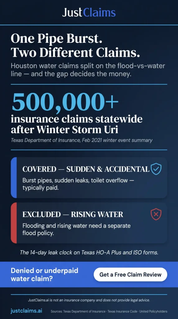 Infographic comparing covered sudden water damage versus excluded flood damage on Houston water damage insurance claims, with Winter Storm Uri claim statistics