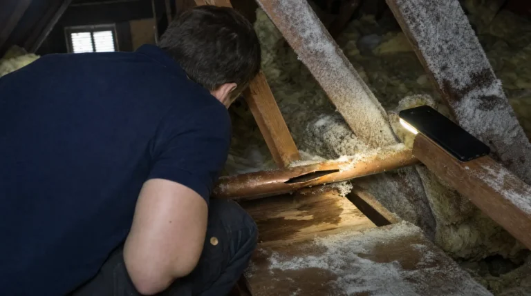 Adjuster inspecting a frozen burst copper pipe with a flashlight in a dark Houston attic during a hard freeze
