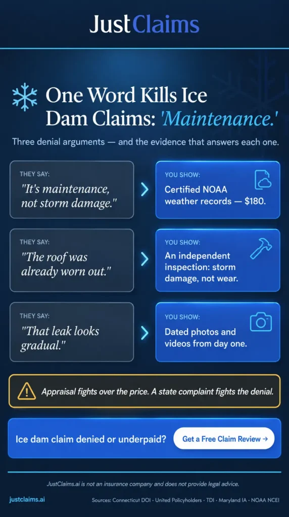 Three common ice dam insurance claim denial arguments and the evidence that answers each one