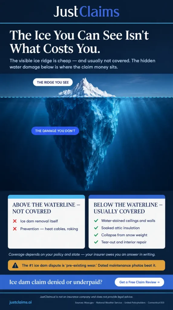 Infographic showing which ice dam roof damage insurance coverage pays for and what stays excluded