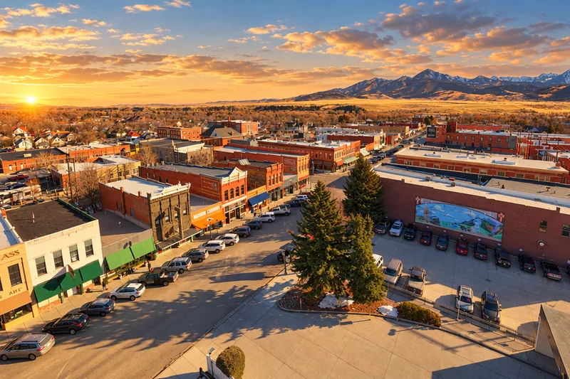 Downtown Livingston Montana with Absaroka Mountains at golden hour