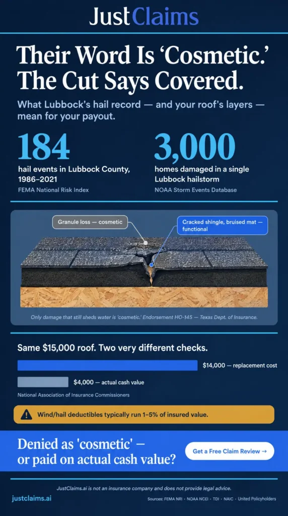 Infographic showing hail damage claim evidence, cosmetic versus functional roof damage, and Lubbock payout numbers