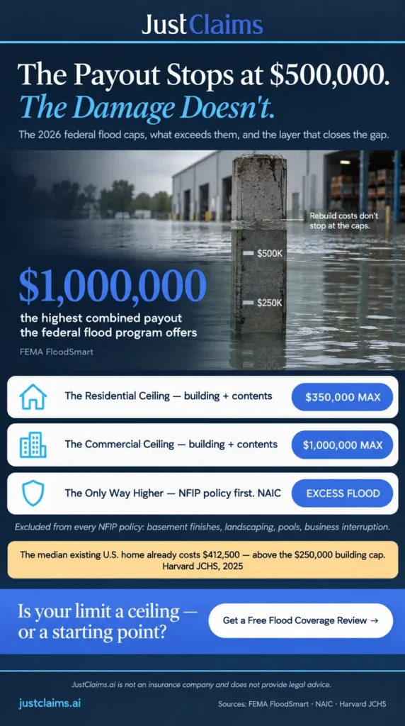 Infographic of 2026 NFIP maximum flood insurance coverage limits for residential and commercial properties plus excess flood insurance (18 words, primary + secondary keywords — excess flood insurance