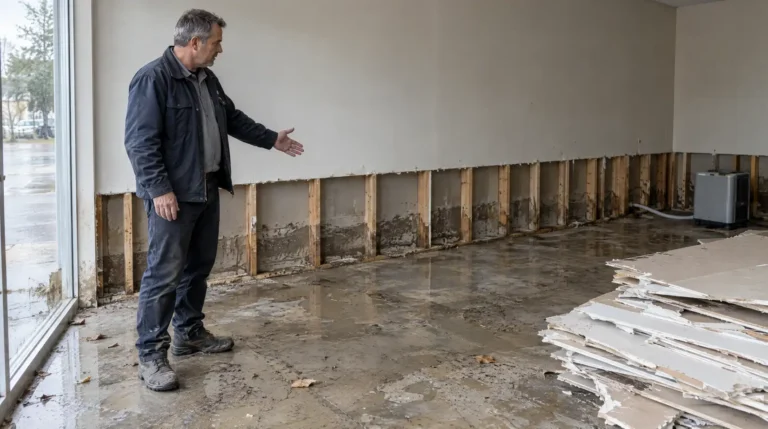 Manager assessing a flood-cut wall in a commercial building — maximum flood insurance coverage limits