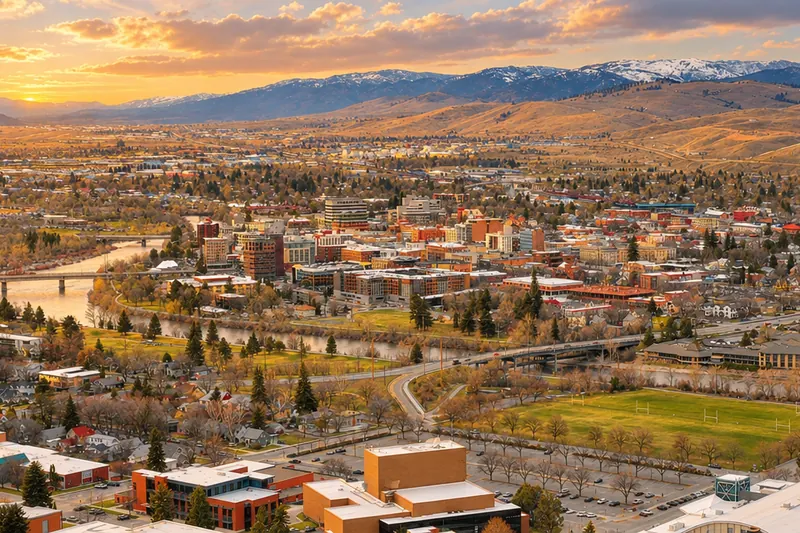 Downtown Missoula Montana with Mount Sentinel at golden hour