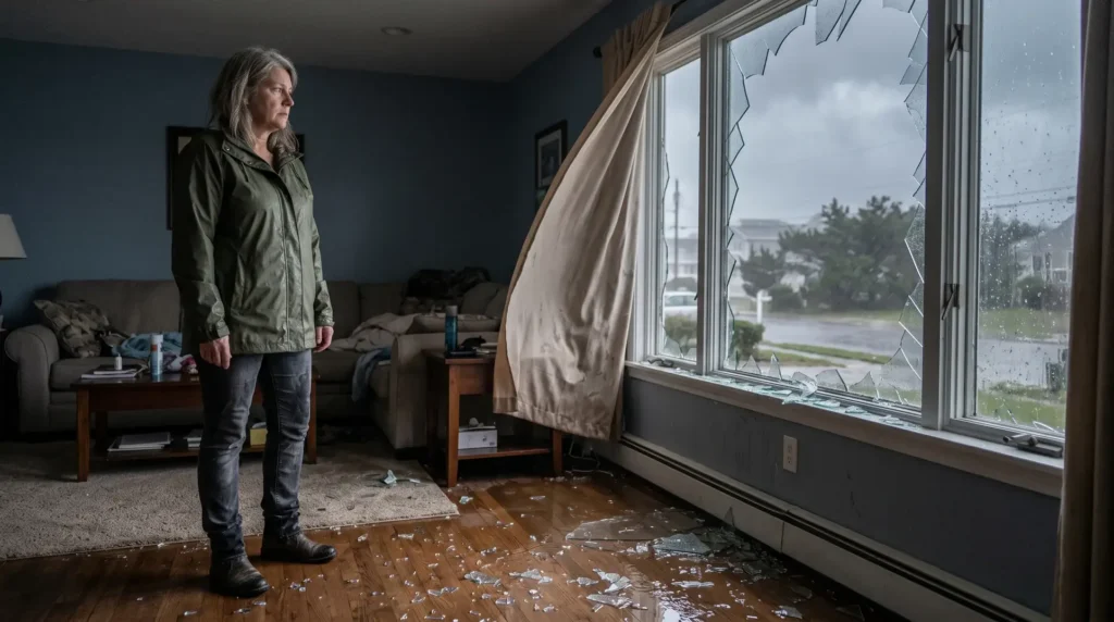 New Jersey homeowner surveys wind-driven rain damage inside her coastal home after a nor'easter