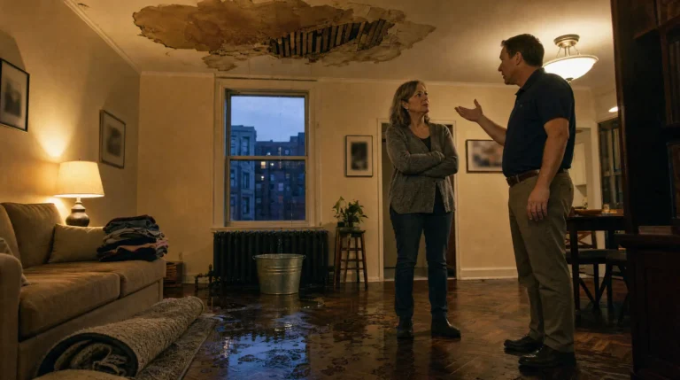 Woman surveying a New York water damage insurance claim: burst radiator, wet parquet floor, stained ceiling