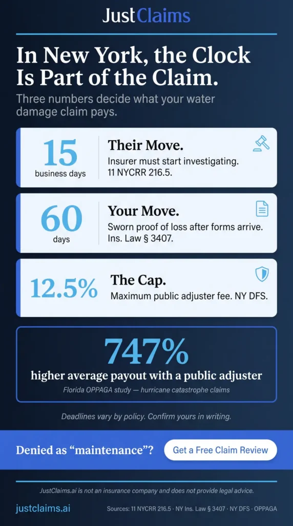 New York water damage insurance claim infographic: 15-day insurer investigation, 60-day proof of loss deadline, 12.5% adjuster fee cap