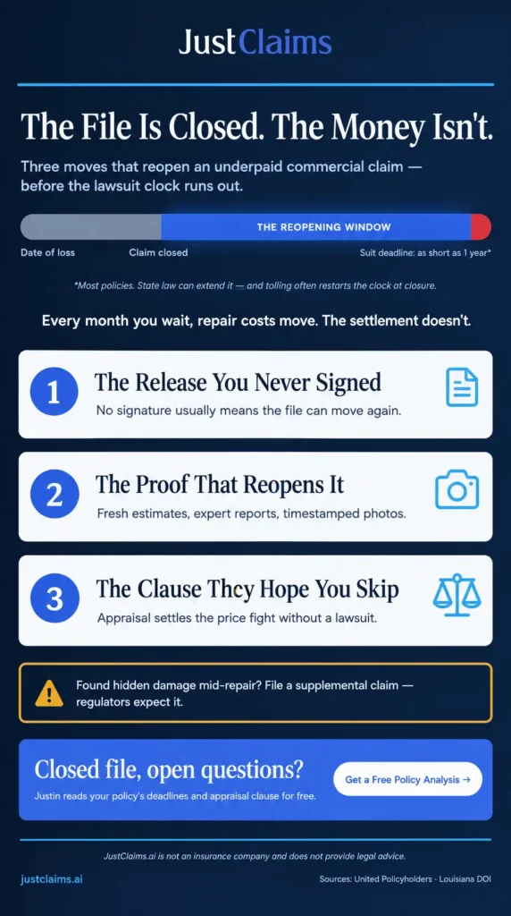 Infographic: how to reopen a closed commercial insurance claim — deadlines, documents, and appraisal options