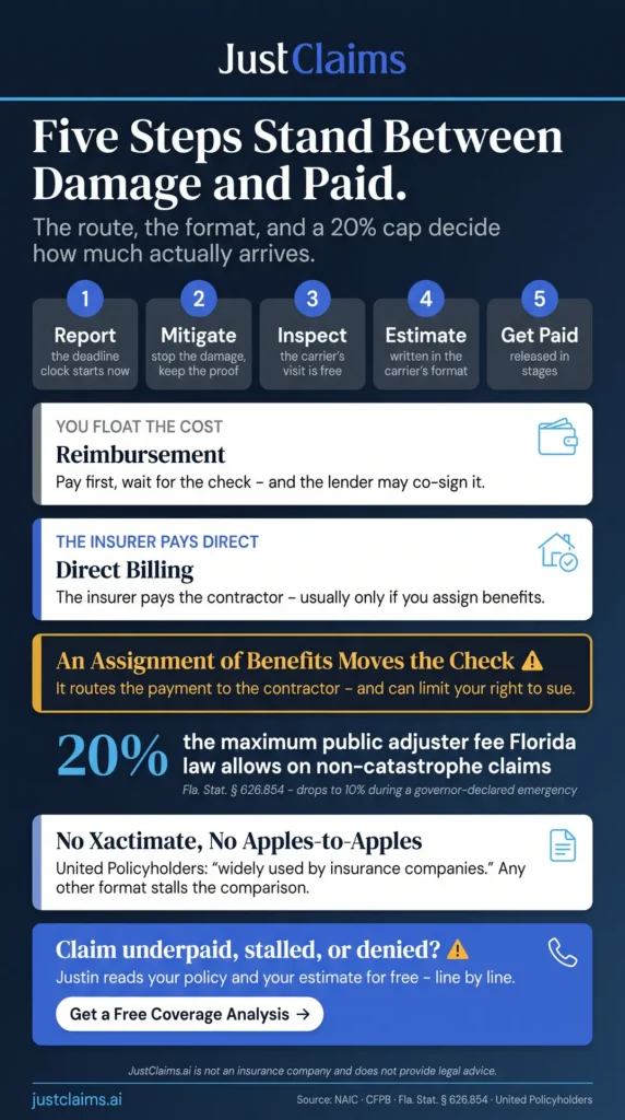 Restoration insurance claims infographic: five steps, reimbursement versus direct billing, and the Xactimate format.
