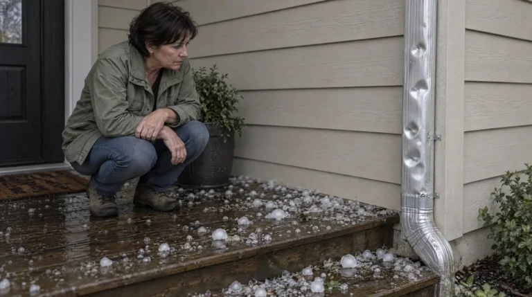 San Antonio hail damage: homeowner crouches to inspect hail-dented downspout after spring storm