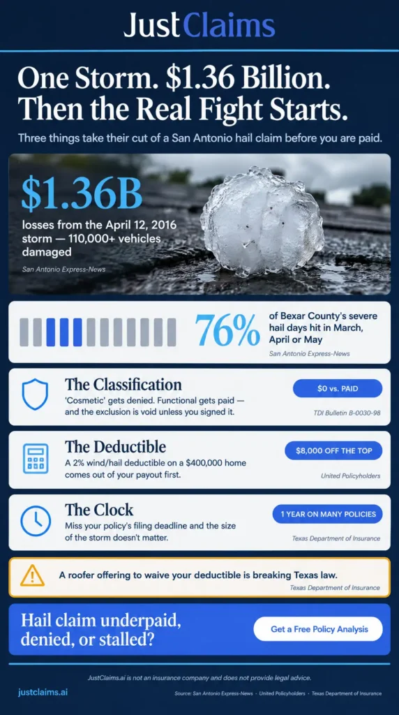San Antonio hail damage claims infographic: $1.36 billion storm, 76% spring hail days, deductible and deadline traps