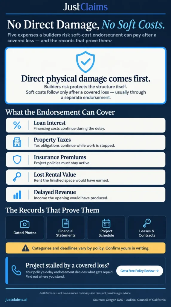 Soft costs builders risk infographic explaining the direct-damage rule and five covered delay expenses