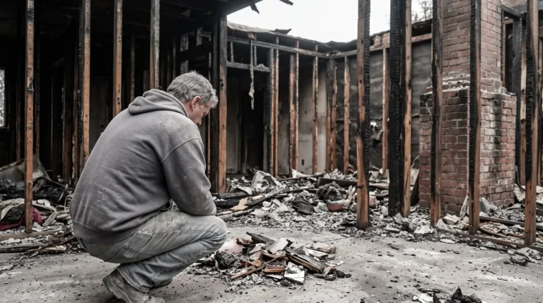 Homeowner surveys fire-gutted Spokane home interior after wildfire destroys structure