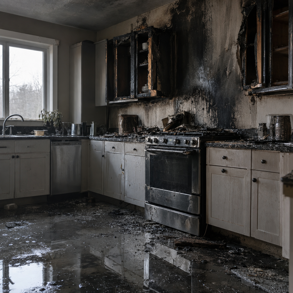 Fire and smoke damage in a Staten Island kitchen interior