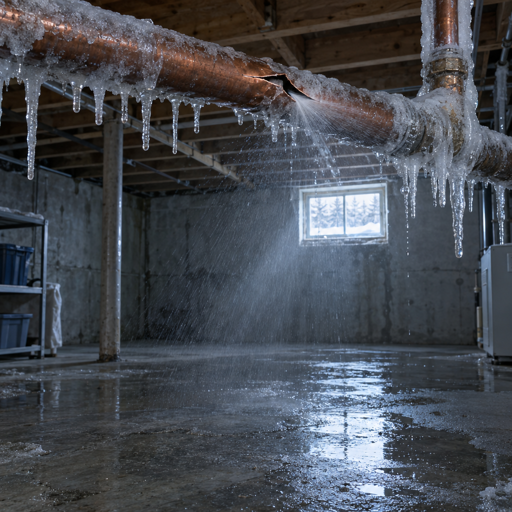 Frozen burst pipe flooding a basement in winter