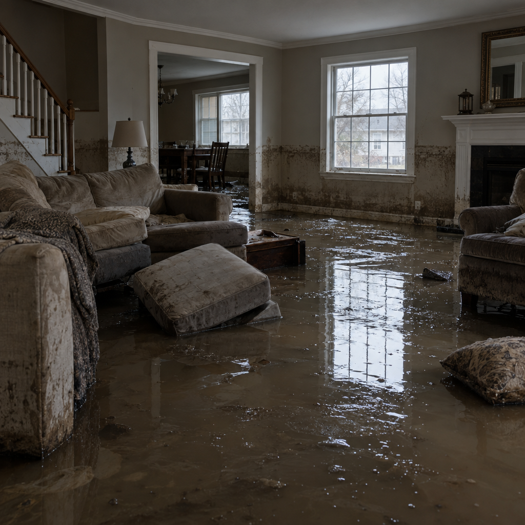 Hurricane flood damage inside a Staten Island home living room