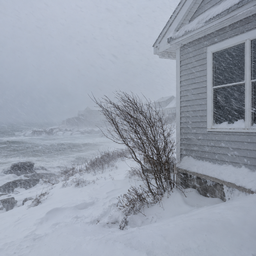 Nor'easter wind and snow battering a coastal house corner