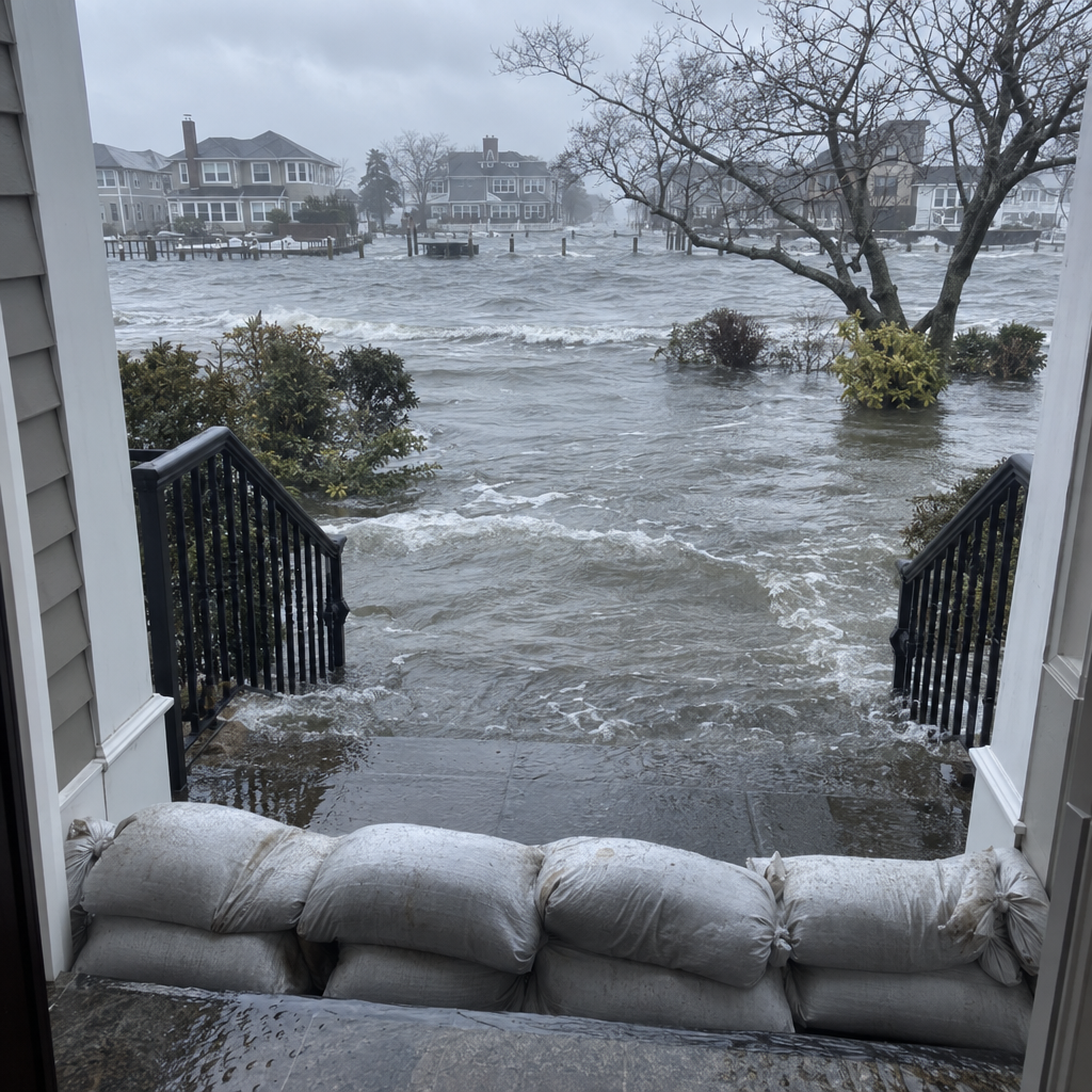 Storm surge floodwater rising at a Staten Island home doorway