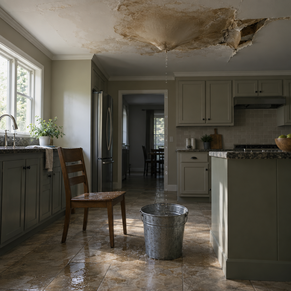 Ceiling water stain and leak from a burst pipe insurance claim