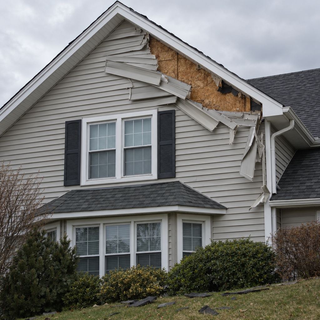 Wind-torn vinyl siding on a Staten Island house after storm