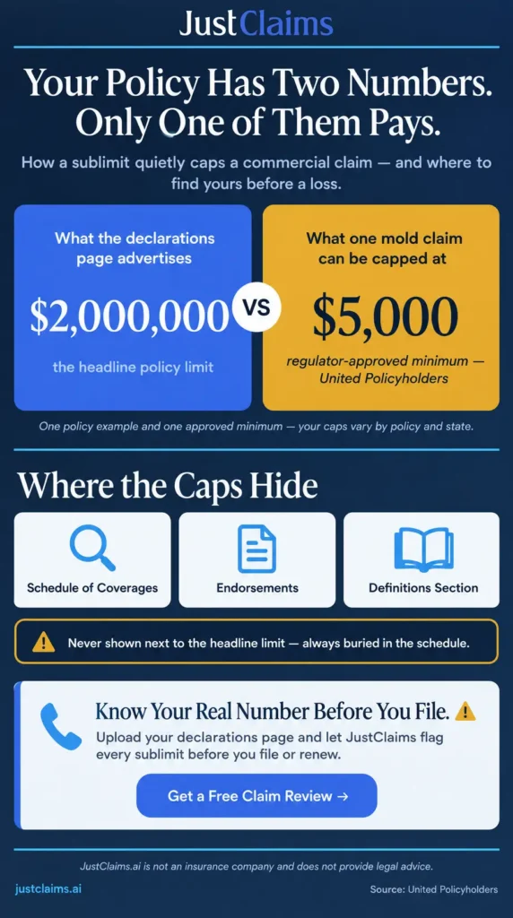 Infographic showing how sublimits in insurance can cap a mold claim at $5,000 under a $2,000,000 policy limit