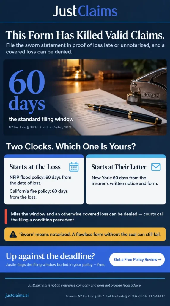 Infographic explaining sworn statement in proof of loss deadlines, filing windows, and notarization requirements
