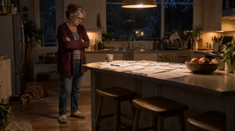 Property owner reviewing sworn statement in proof of loss paperwork late at night
