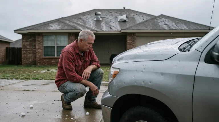 Texas hail damage: homeowner crouches beside dented truck, bruised roof behind, after hailstorm