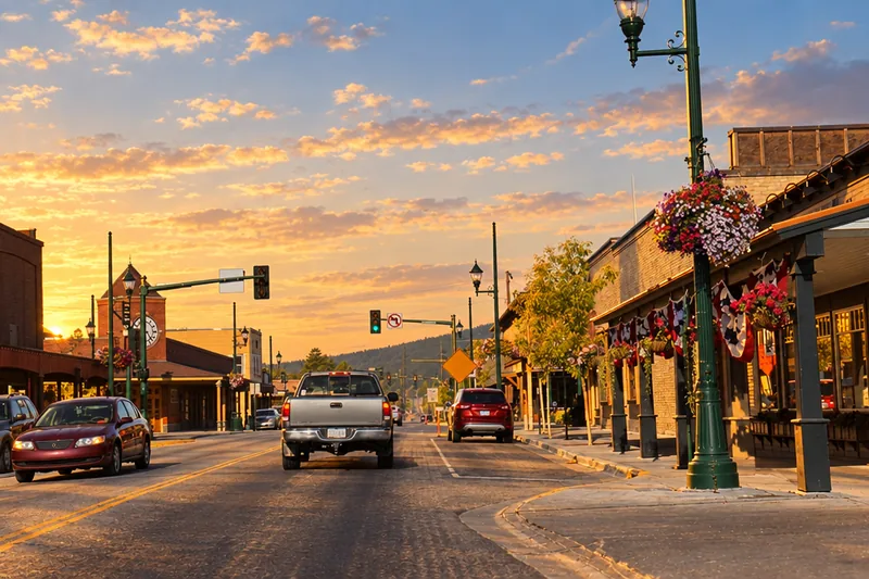 Whitefish Montana with Big Mountain backdrop at golden hour
