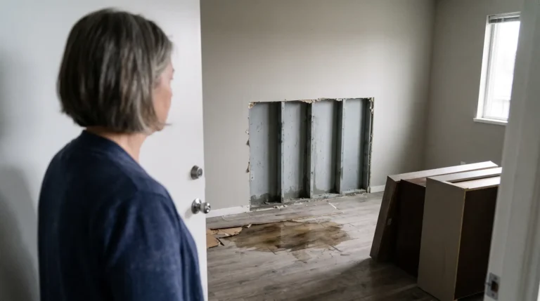 Condo owner surveying water damage inside her unit — who is responsible for water damage in a condo