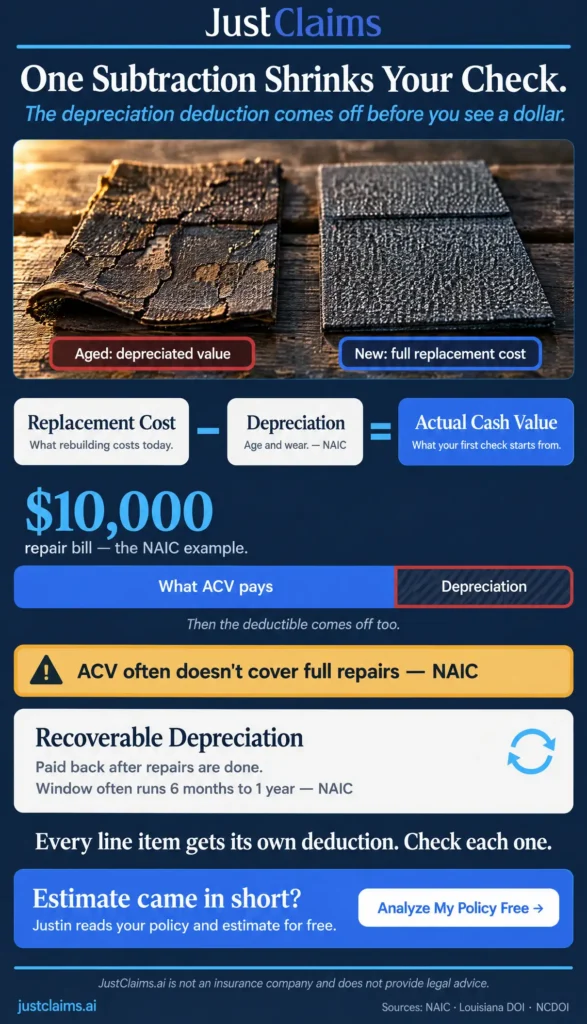 Infographic explaining the actual cash value formula vs replacement cost, depreciation deduction, and recoverable depreciation window
