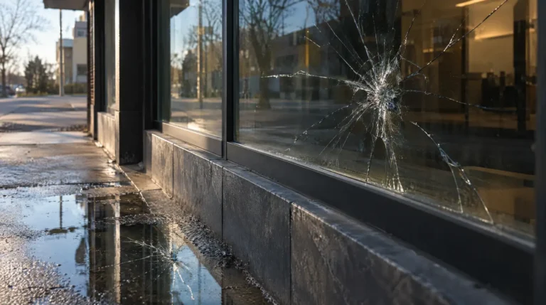 Cracked commercial storefront window reflected in a sidewalk puddle, an AOP deductible example