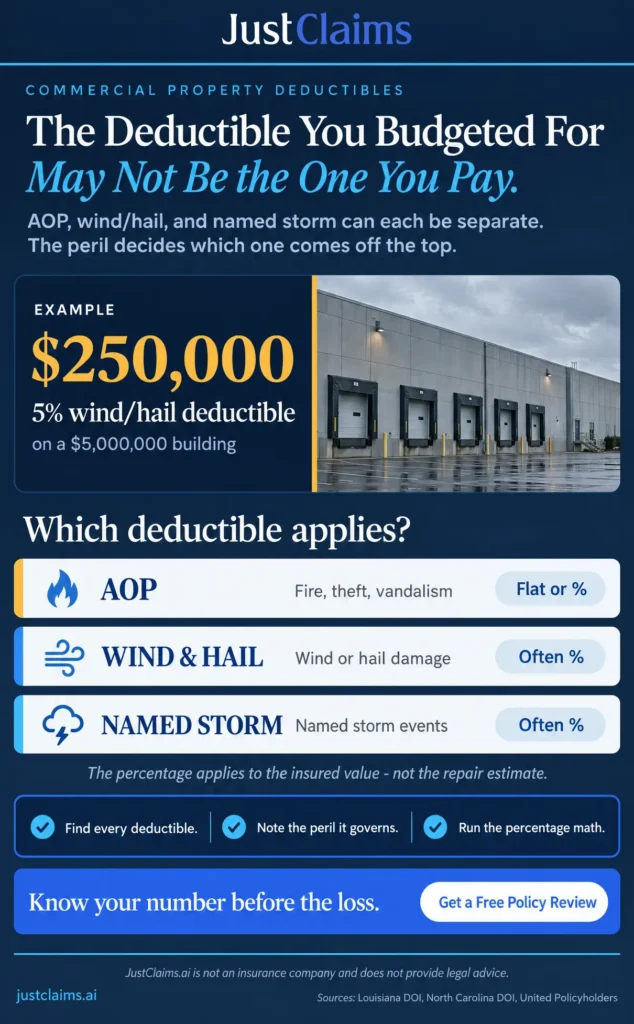 Infographic showing AOP deductible, wind/hail, and named storm deductibles on a commercial property policy
