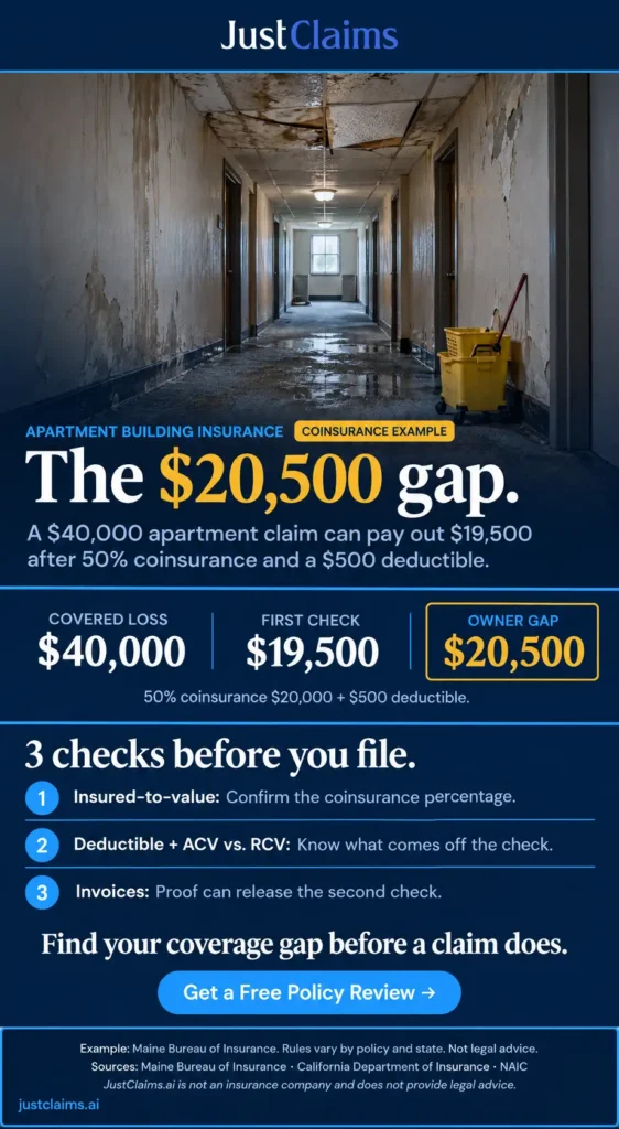 Apartment building insurance infographic showing a $40,000 claim paying $19,500 and a $20,500 owner gap.
