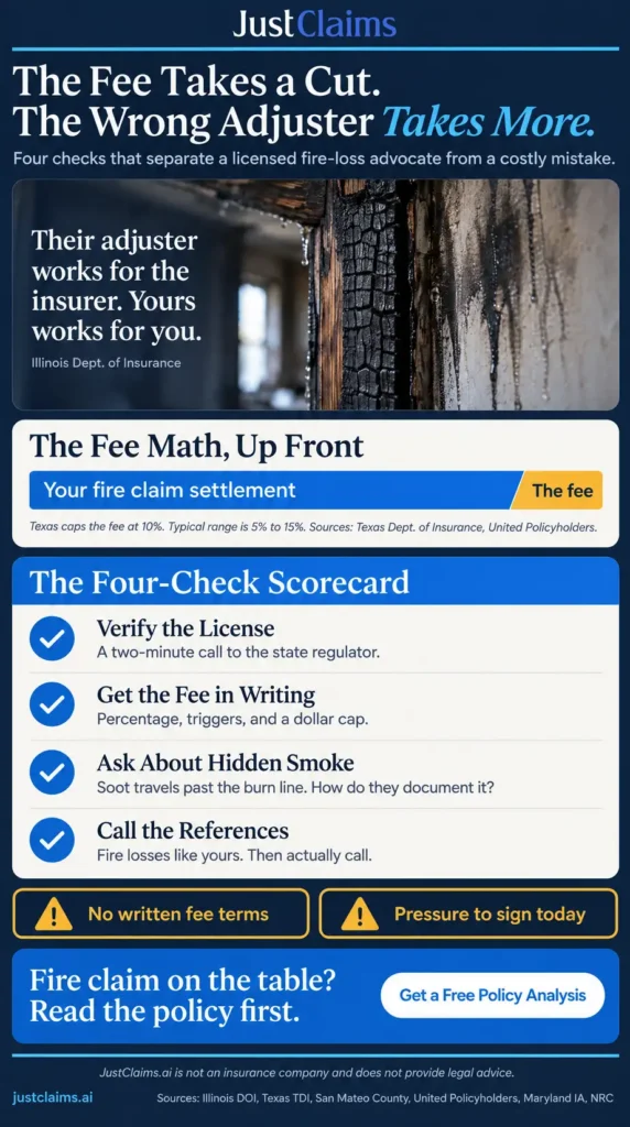 Four-check scorecard infographic: public adjuster fees, hidden smoke damage, and hiring a public adjuster after a fire