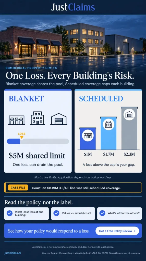 Infographic showing how blanket vs scheduled coverage limits respond to one commercial property loss