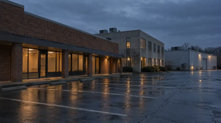 Three commercial buildings in a property portfolio at dusk, illustrating blanket vs scheduled coverage