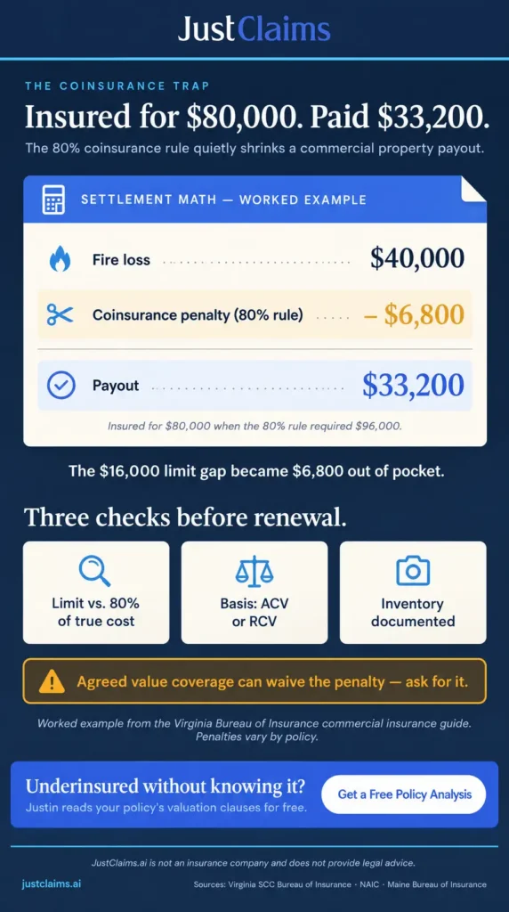 Business personal property insurance coinsurance penalty example: actual cash value vs replacement cost payout gap