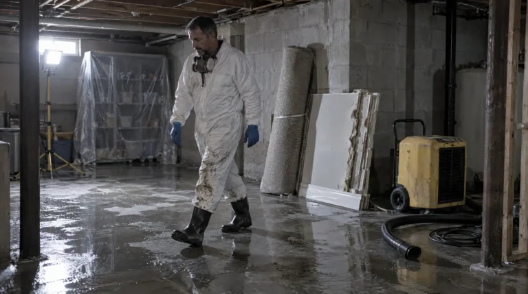 Restoration worker in protective suit remediating a basement after Category 3 water damage
