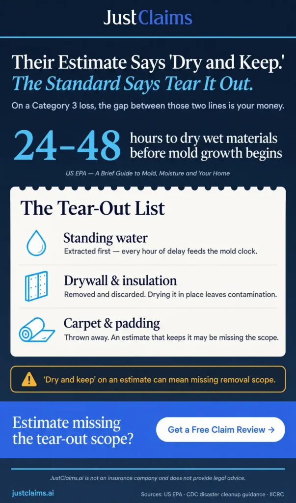 Infographic comparing dry-and-keep estimates with Category 3 water damage tear-out scope and EPA drying window