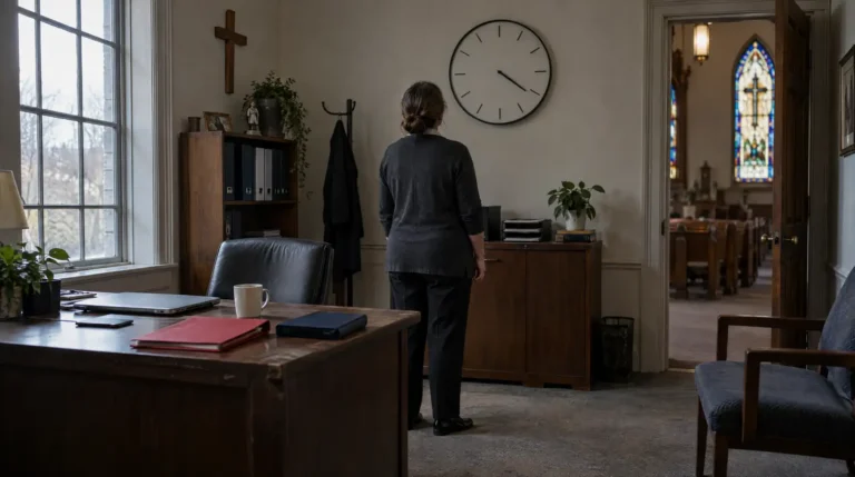 Church insurance cancellation deadline: administrator watching the clock with a red notice folder and policy binder